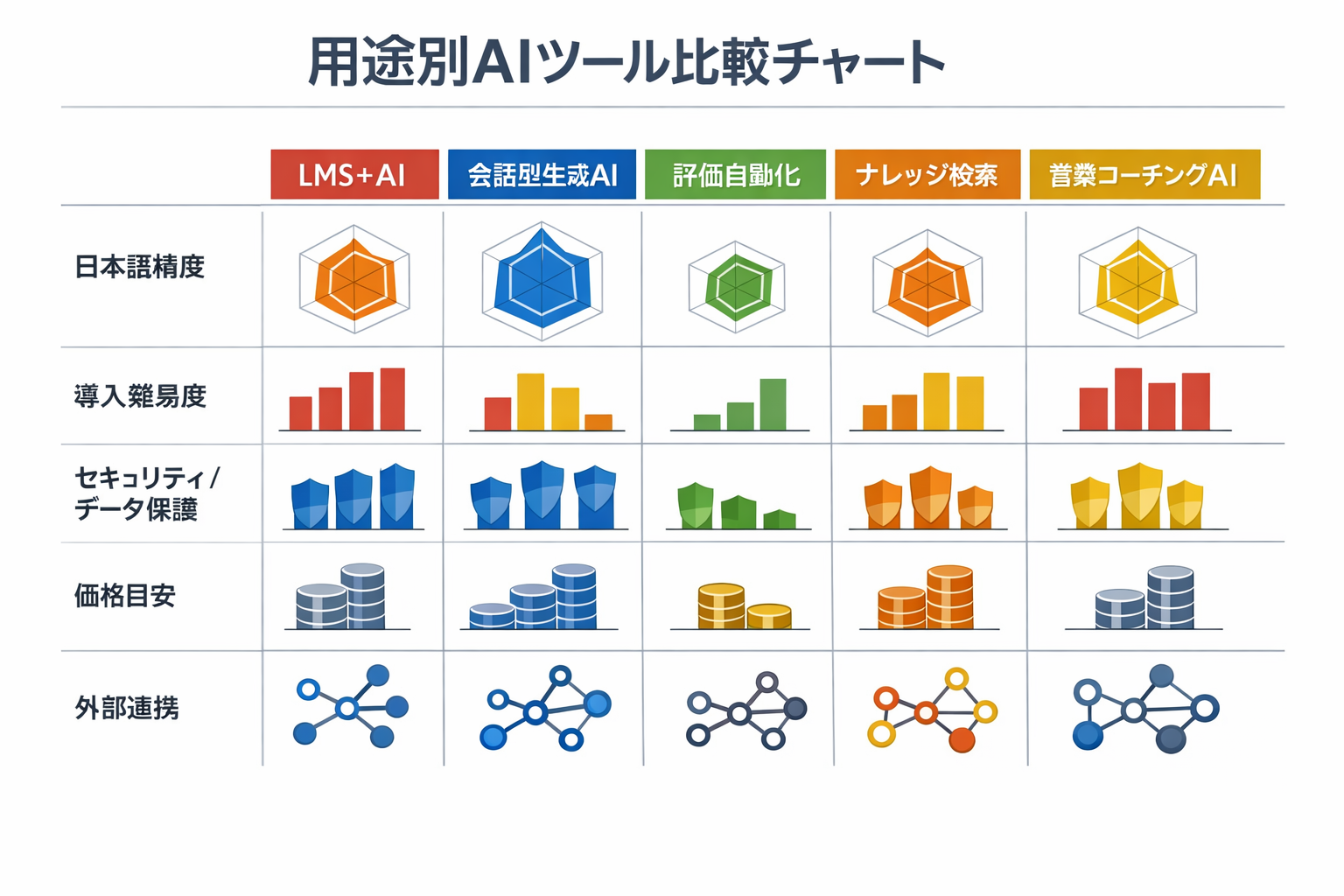人材育成業務をAIで効率化する完全ガイド：適用領域、比較、90日導入手順、ROIとガバナンスまでに関する図解（用途別AIツール比較チャート）