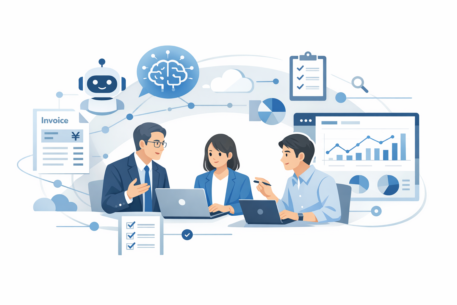 中小企業が生成AIを安全・着実に使いこなす方法：主要ツール比較と90日導入手順、経理実務テンプレ付きのメインビジュアル