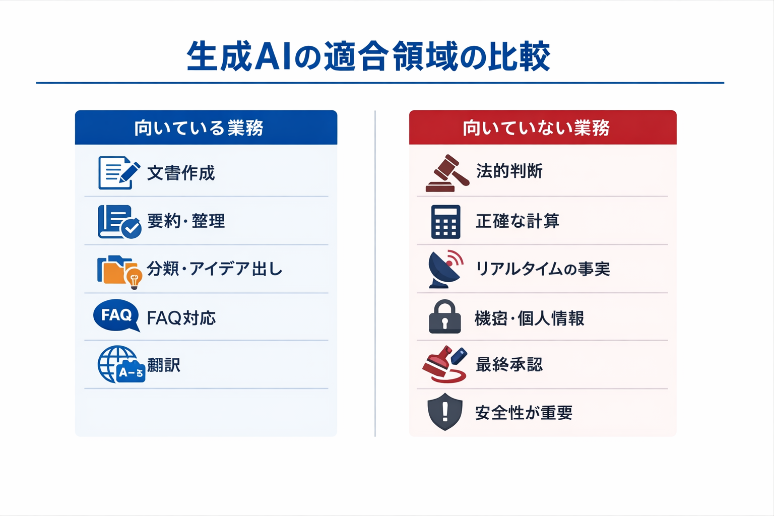 中小企業がスキルで生成AIを使う方法：現場で成果を出す導入手順と判断基準に関する図解（生成AIの適合領域の比較）