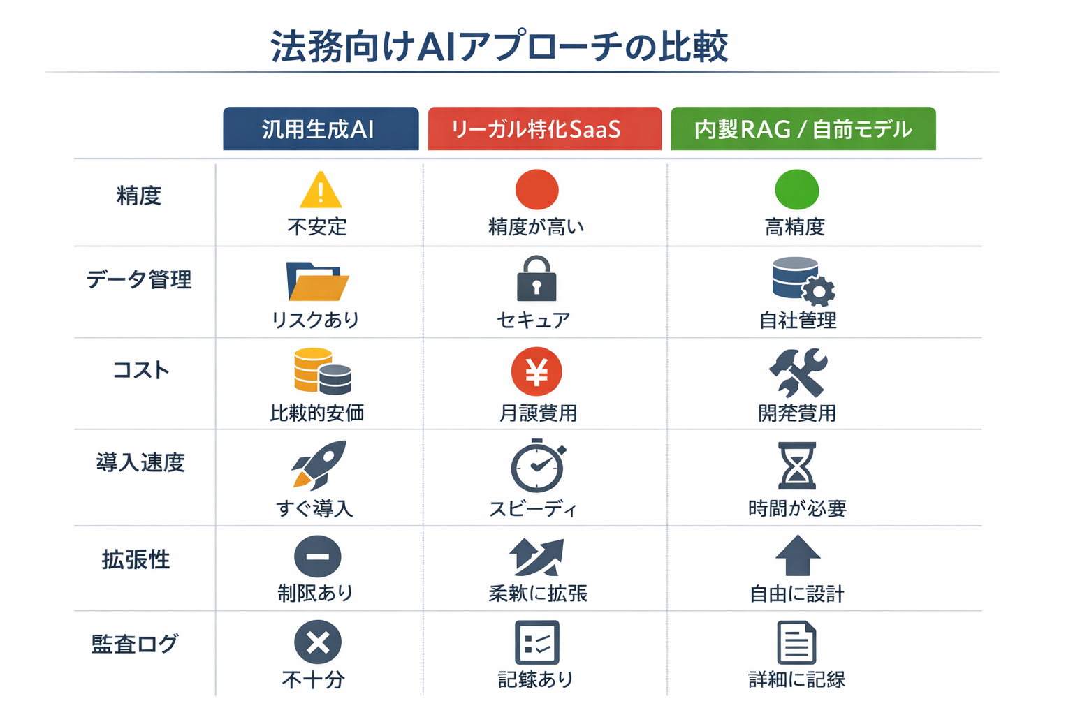 法務のプロが教えるAI活用術：契約審査から営業連携までを90日で軌道に乗せる実践ガイドに関する図解（法務向けAIアプローチの比較）