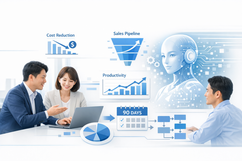 生成AIによる営業のコスト削減手法：効果領域の特定、比較、90日導入手順と判断基準のメインビジュアル